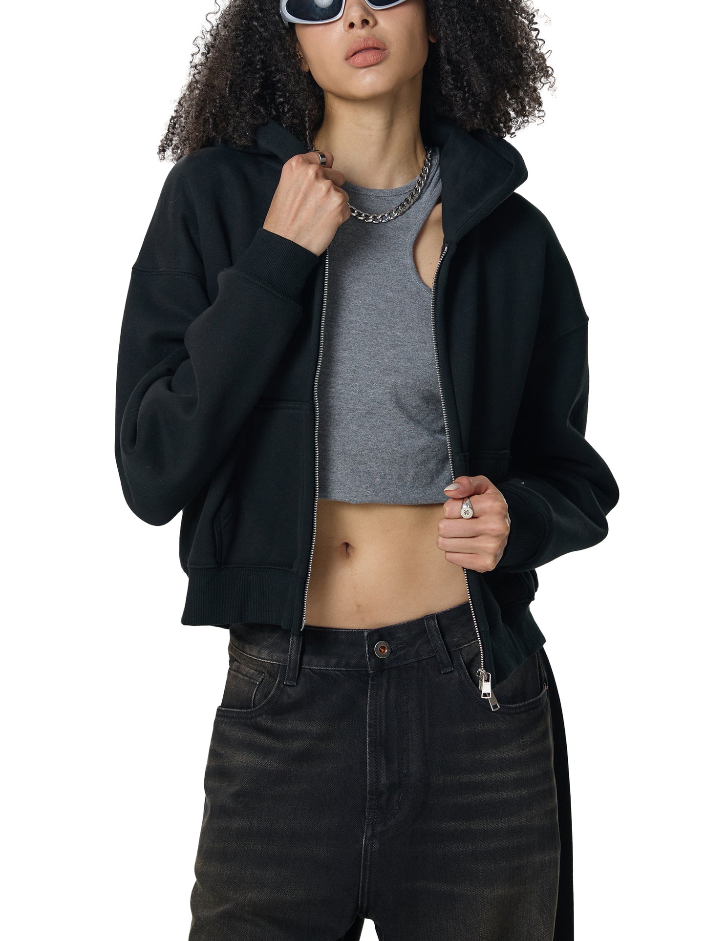 The Dopamine Hanok Fleeced Zip-Up Cropped Hoodie