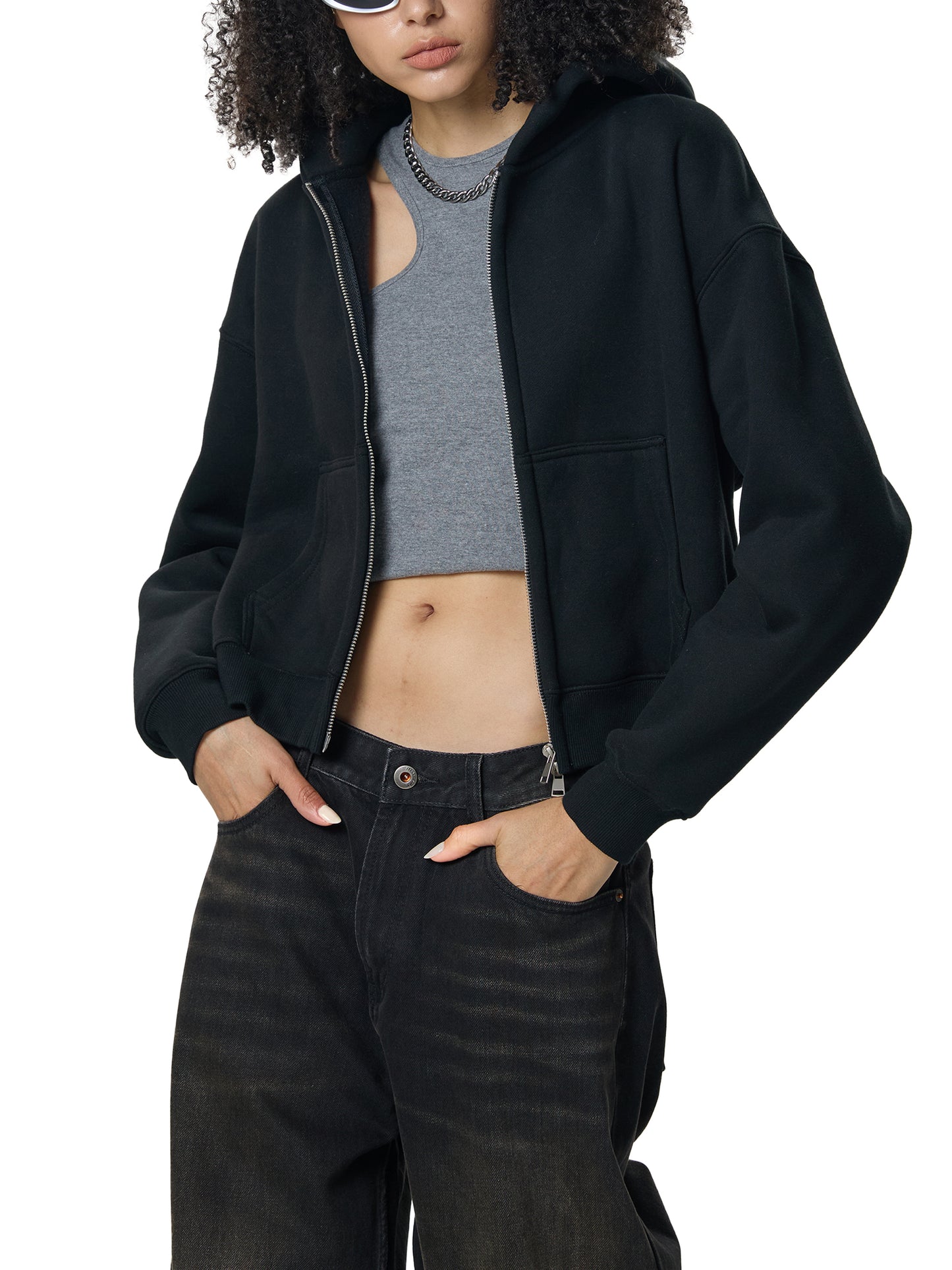 The Dopamine Hanok Fleeced Zip-Up Cropped Hoodie